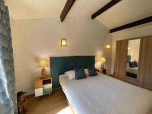 1 dormitorio con 1 cama grande y espejo en Jolie petite maison Avignon - Montfavet, en Montfavet
