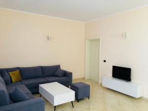 salon z niebieską kanapą i telewizorem w obiekcie Villa Velipoja w mieście Velipoja