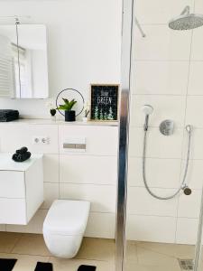 a white bathroom with a toilet and a shower at Stadt Villa Rastatt in Rastatt