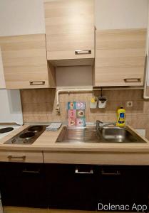 a kitchen with a sink and a counter top at Studio apartman Dolenac in Zagreb