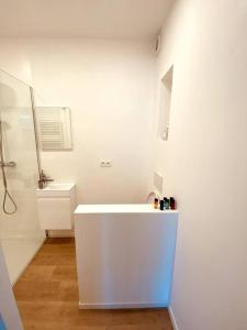 Baño blanco con lavabo y espejo en Appartement 1 chambre - LAKE SIDE HOUSE, en Rixensart