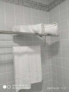 einen Handtuchhalter im Bad mit weißen Handtüchern in der Unterkunft Apart_Hotel Ponta negra in Natal