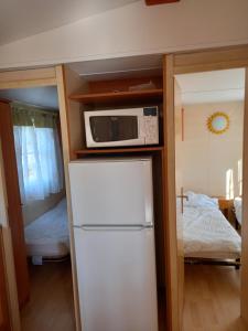 a small kitchen with a refrigerator and a microwave at mobilhome nature in Saint-Laurent-sur-Mer