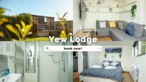 a collage of three pictures of a small apartment at Yew Lodge - Shepherd's Hut Railway Carriage with "Hot Tub" - Sleeps 4 - Escape Completely! in Boston