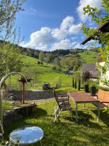 una mesa de picnic y un banco en un patio con un campo en S-SUITE das Design-Ferienhaus im Schwarzwald, en Biberach