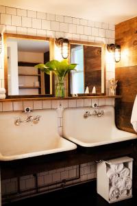 two sinks in a bathroom with a vase with a plant at The Graham & Co. in Phoenicia