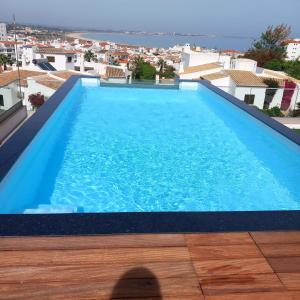 a person standing in front of a large blue swimming pool at Nature Guesthouse in Lagos