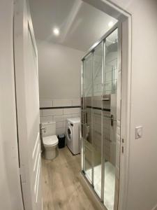 a bathroom with a toilet and a glass shower at Entre terre et Mer in Saint-Lormel