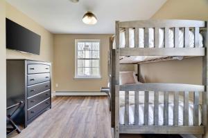 a bedroom with two bunk beds and a television at Luxe Lrg Pocono House for 18 Hot Tub/Gameroom/Pool in Kunkletown +74 photos