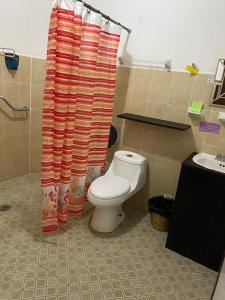 La salle de bains est pourvue de toilettes et d'un rideau de douche. dans l'établissement El Rincón de Doña Bety, à Oaxaca