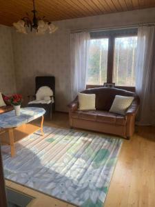 ein Wohnzimmer mit einem Sofa und einem Tisch in der Unterkunft Kodikas Mökki in Ähtäri