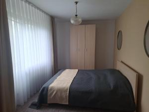 a bedroom with a bed and a closet and a window at Apartmani Bosna Visoko in Visoko