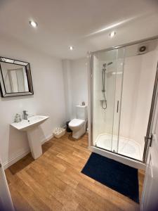 een badkamer met een douche, een toilet en een wastafel bij Joe Kelly Buildings A in Withernsea