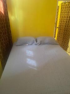 Cama en habitación con pared amarilla en Zaboca apartment, en Roseau