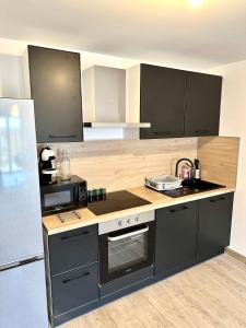 a kitchen with a sink and a stove top oven at Evasion dépaysante Canal du Midi * Terrasse & SPA in Castelnaudary