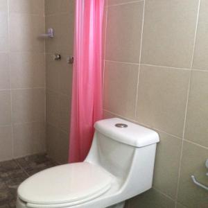a bathroom with a toilet and a pink shower curtain at Casa LEONOR in Oaxaca City