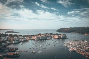 an aerial view of a harbor with boats in the water at The Vottage - 3 bed cottage in Plymouth
