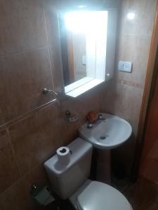 y baño con aseo, lavabo y espejo. en Departamento Temporario Rio Grande en Río Grande