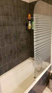 a shower with a glass partition in a bathroom at Appartement tout équipé pour 4per parking privatif in Suresnes