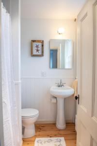 une salle de bain avec un lavabo, des toilettes et un miroir dans l'établissement Parker Head House Popham Beach Phippsburg, à Phippsburg