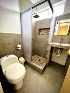 ein Bad mit einer Dusche, einem WC und einem Waschbecken in der Unterkunft Colina Haus, casa vacacional Oxa in Oxapampa