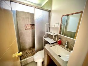 ein Bad mit einer Dusche, einem Waschbecken und einem WC in der Unterkunft Colina Haus, casa vacacional Oxa in Oxapampa