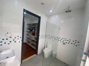 a bathroom with a toilet and a sink and a mirror at Casa Campestre Condominio El Tesoro Vía Termales de Santa Rosa de Cabal in Santa Rosa de Cabal