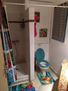 La salle de bains est pourvue d'une douche et de toilettes bleues. dans l'établissement La Martiniquaise, à Sainte-Anne