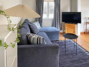 ein Wohnzimmer mit einem blauen Sofa und einem TV in der Unterkunft Holiday home Ronneby VI in Ronneby