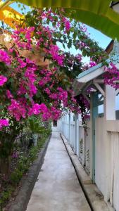 a walkway with pink flowers hanging from a building at 7SEAS Cottages in Gili Air