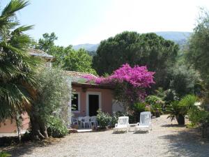 een huis met twee witte stoelen en een boom met roze bloemen bij Residence il Baglio in San Giorgio