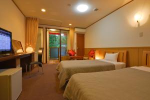 a hotel room with two beds and a flat screen tv at Hotel Casual Euro in Nikko