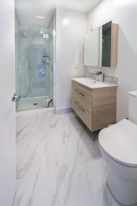 a white bathroom with a toilet and a shower at The City's Best Kept Secret 2 bed 2 bath in Christchurch