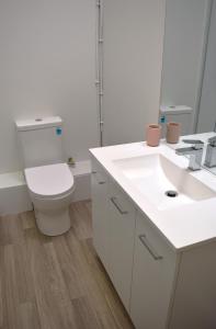 a white bathroom with a toilet and a sink at U Suites on Cuba in Wellington