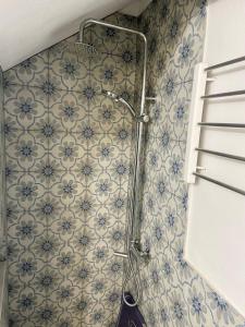 a shower in a bathroom with blue and white tiles at Socratous House in Salamina