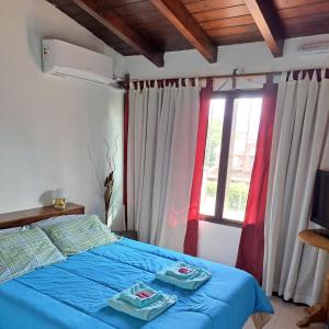 a bedroom with a blue bed and a window at Apartment Salta 2 pax in Salta