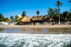 コベニャスにあるCabaña la Arenosaの小屋やヤシの木、水の入ったビーチ