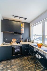 uma cozinha com armários pretos e um balcão com um lavatório em Apartments24 Laada 4 em Rakvere