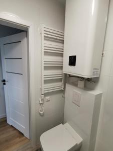 La salle de bains est pourvue de toilettes et d'une armoire blanche. dans l'établissement Apartamenty Pisakowe - Apartament Śledzik, à Rowy