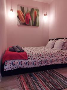 a bedroom with a bed with a red blanket at Ropienka Ski in Ustrzyki Dolne