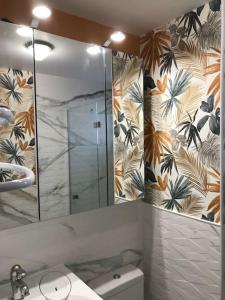 bagno con specchio, lavandino e servizi igienici di Appartement 2 pièces avec piscine et jardin privés a Pailhès