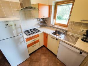 a small kitchen with a white refrigerator and a sink at Silent Orchard in Naklo