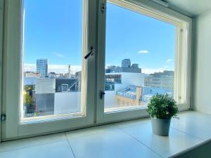 a window with a potted plant on a window sill at City Home Finland Penthouse – SAUNA & Best Location in Tampere