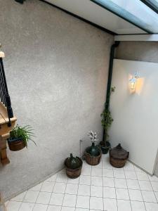 une chambre avec des plantes en pot et un mur avec une lumière dans l'établissement Appart patio véranda terrasse , à Arbois