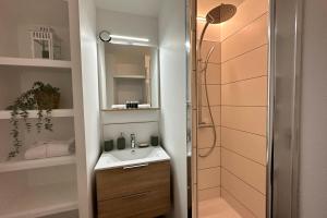 a bathroom with a sink and a shower at Les Tamaris - Studio with Sea View - Trouville-Sur-Mer in Trouville-sur-Mer