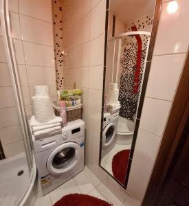 a bathroom with a washing machine and a mirror at Apartamenty Tomaszów Lubelski - Niebieski in Tomaszów Lubelski