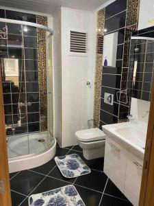 a bathroom with a toilet and a shower and a sink at Antalya liman Apartment 1+1 in Antalya