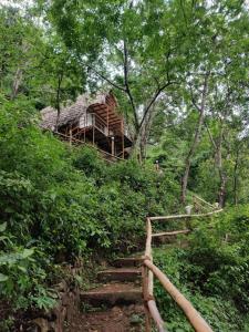 a stairway leading up to a cabin in the woods at Sunset Valley Kerala - Where Every Evening Unveils a Perfect Sunset with Private Waterfalls in Pīrmed