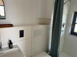 ein Bad mit einer Dusche, einem WC und einem Waschbecken in der Unterkunft Bezauberndes Tiny House im Grünen in Breitbrunn am Chiemsee