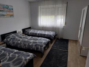 - 3 lits dans une chambre avec fenêtre dans l'établissement Bruchköbel auch für Monteure, à Bruchköbel